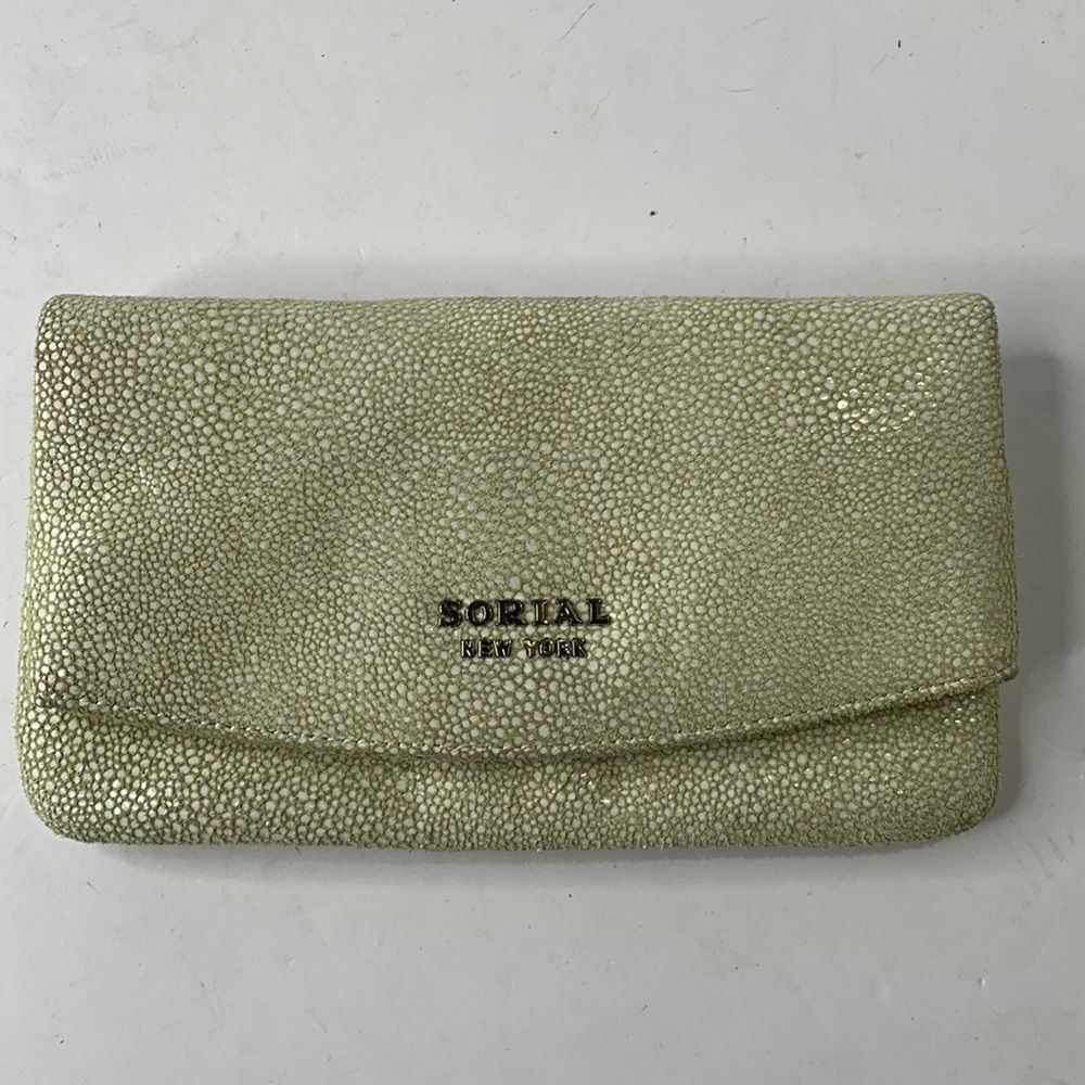 Sorial light green snakeskin suede leather fold over clutch